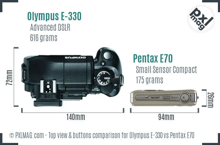 Olympus E-330 vs Pentax E70 top view buttons comparison