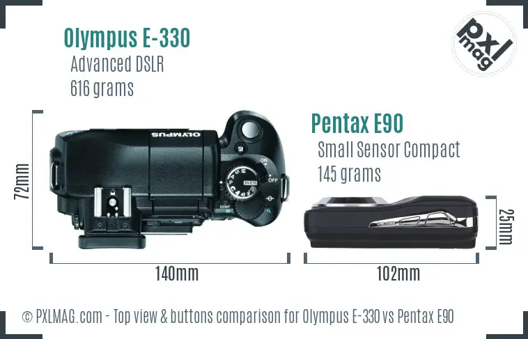 Olympus E-330 vs Pentax E90 top view buttons comparison