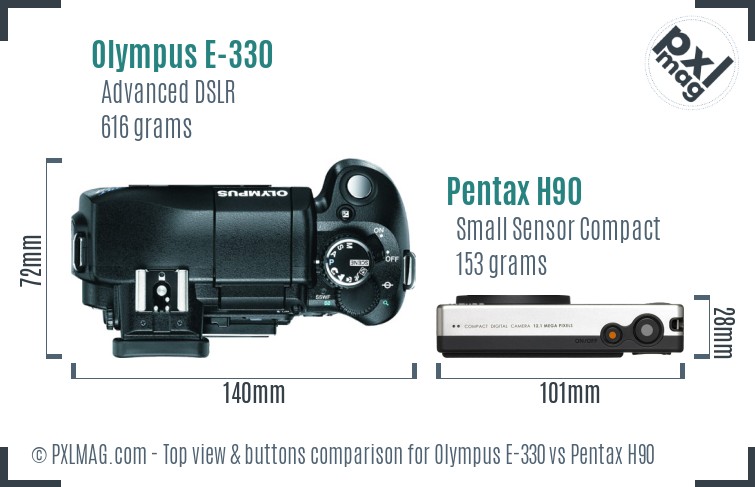 Olympus E-330 vs Pentax H90 top view buttons comparison