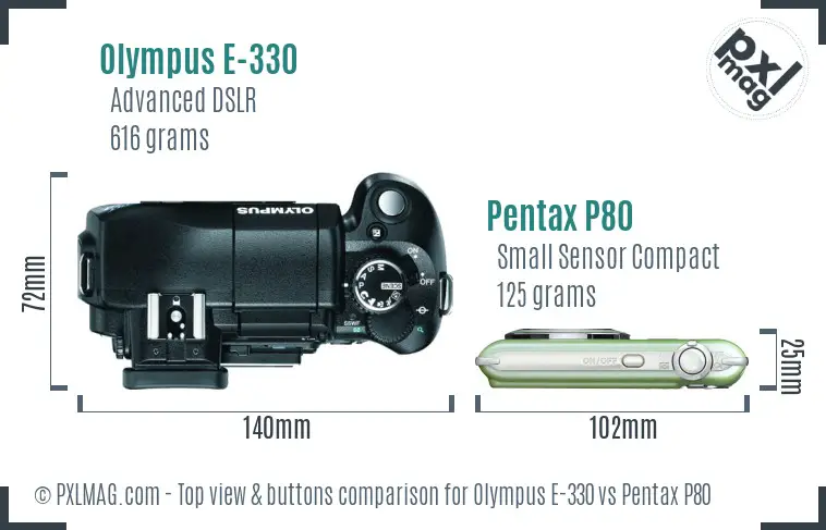 Olympus E-330 vs Pentax P80 top view buttons comparison