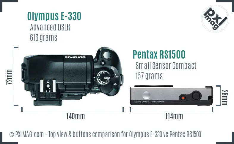 Olympus E-330 vs Pentax RS1500 top view buttons comparison