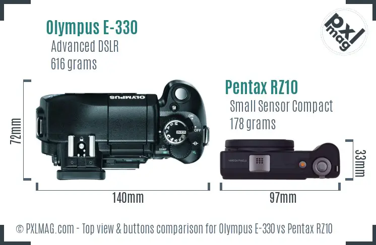 Olympus E-330 vs Pentax RZ10 top view buttons comparison