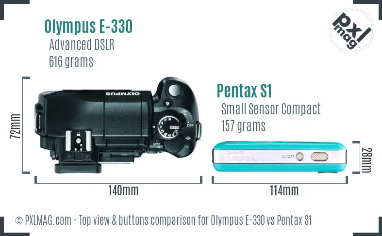 Olympus E-330 vs Pentax S1 top view buttons comparison