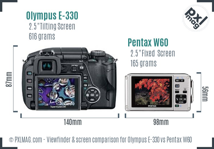Olympus E-330 vs Pentax W60 Screen and Viewfinder comparison