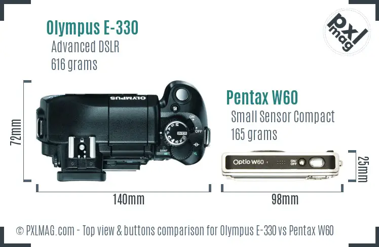 Olympus E-330 vs Pentax W60 top view buttons comparison