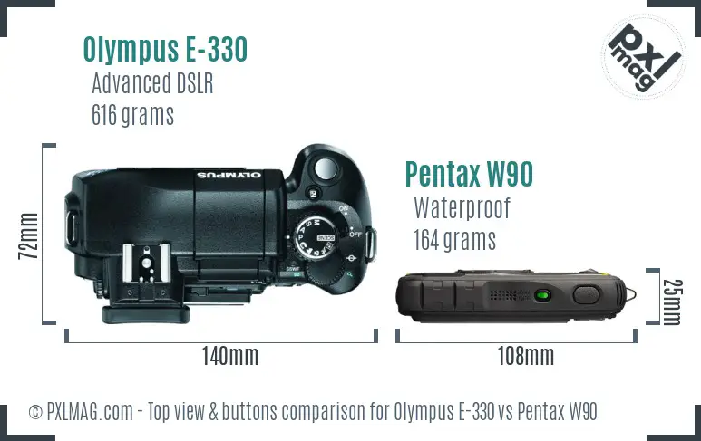 Olympus E-330 vs Pentax W90 top view buttons comparison