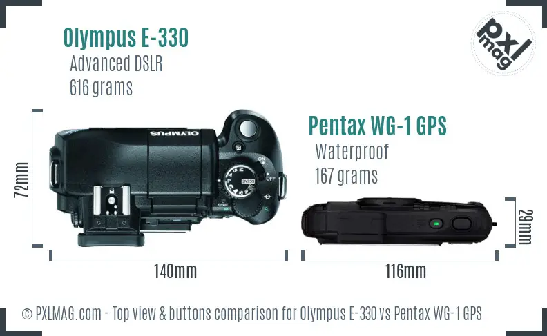 Olympus E-330 vs Pentax WG-1 GPS top view buttons comparison