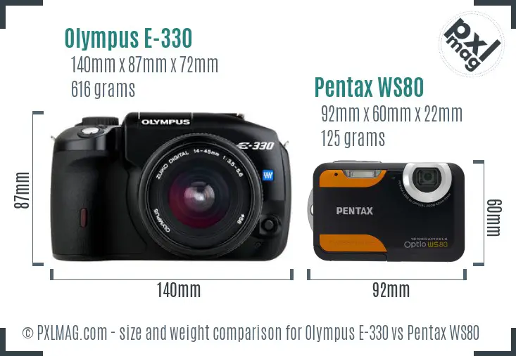 Olympus E-330 vs Pentax WS80 size comparison