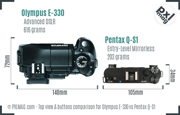 Olympus E-330 vs Pentax Q-S1 top view buttons comparison