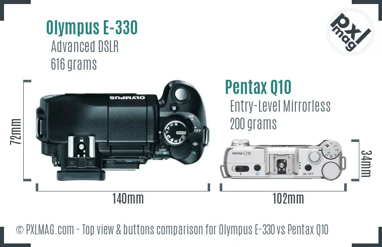 Olympus E-330 vs Pentax Q10 top view buttons comparison
