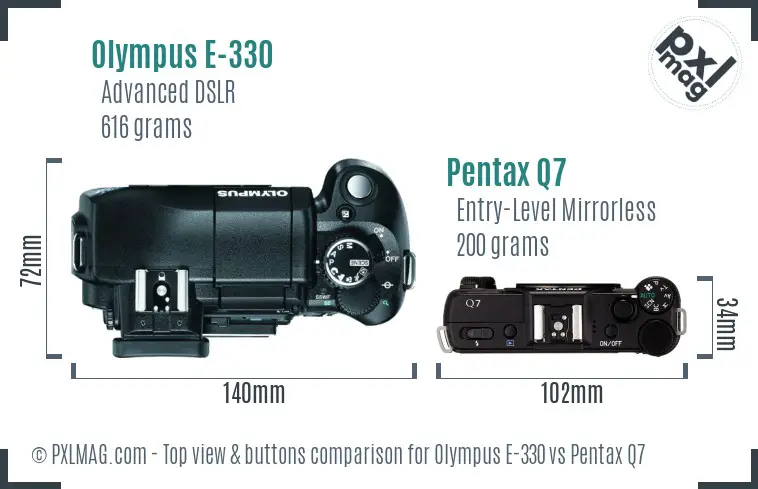 Olympus E-330 vs Pentax Q7 top view buttons comparison