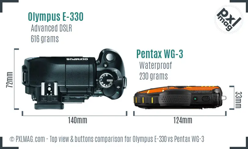Olympus E-330 vs Pentax WG-3 top view buttons comparison Olympus E-330 vs Pentax WG-3 top view buttons comparison