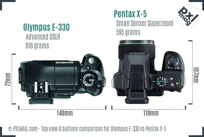 Olympus E-330 vs Pentax X-5 top view buttons comparison