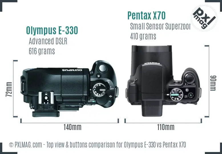 Olympus E-330 vs Pentax X70 top view buttons comparison