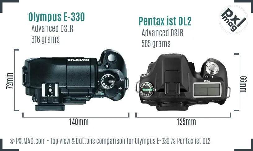 Olympus E-330 vs Pentax ist DL2 top view buttons comparison