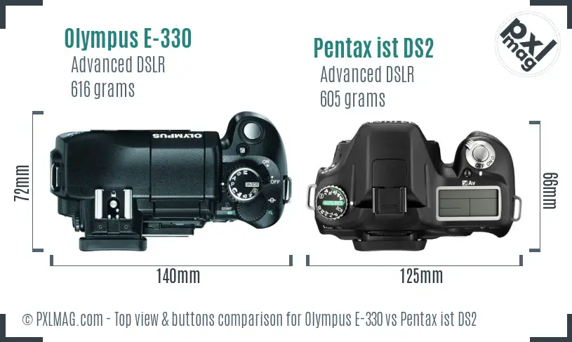 Olympus E-330 vs Pentax ist DS2 top view buttons comparison