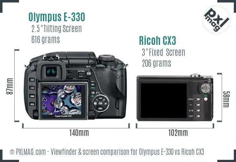 Olympus E-330 vs Ricoh CX3 Screen and Viewfinder comparison