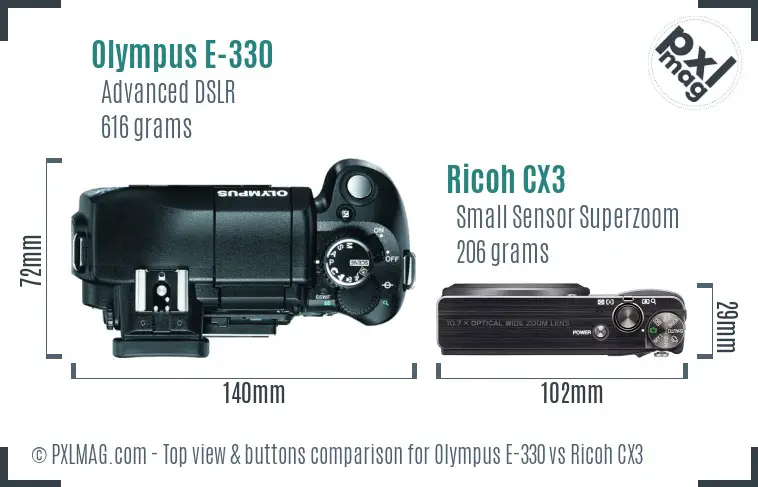 Olympus E-330 vs Ricoh CX3 top view buttons comparison