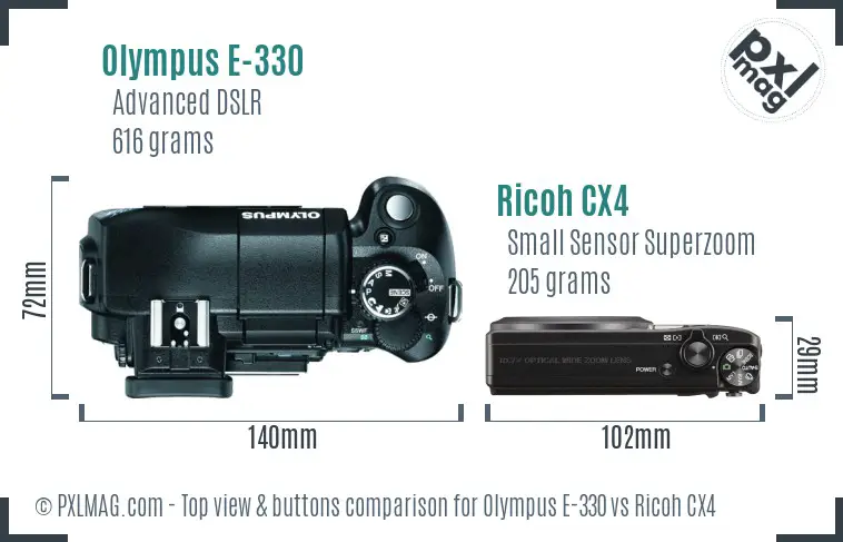 Olympus E-330 vs Ricoh CX4 top view buttons comparison