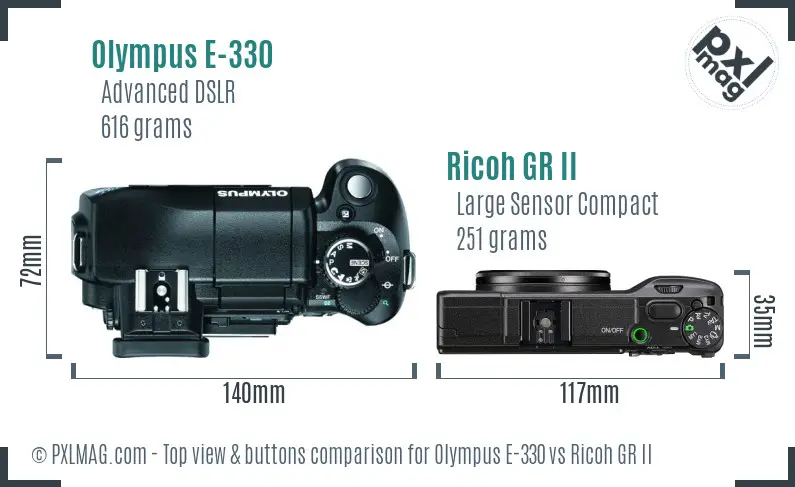 Olympus E-330 vs Ricoh GR II top view buttons comparison