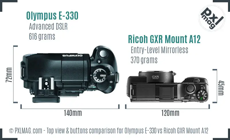 Olympus E-330 vs Ricoh GXR Mount A12 top view buttons comparison