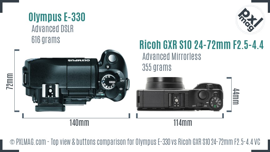 Olympus E-330 vs Ricoh GXR S10 24-72mm F2.5-4.4 VC top view buttons comparison