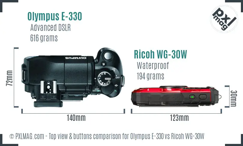 Olympus E-330 vs Ricoh WG-30W top view buttons comparison