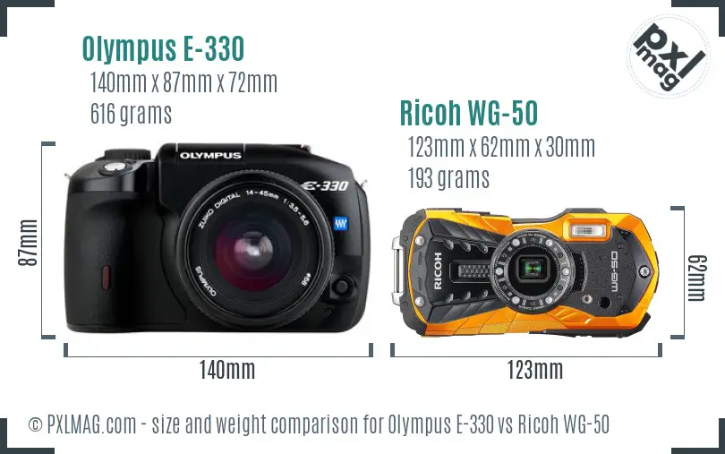 Olympus E-330 vs Ricoh WG-50 size comparison