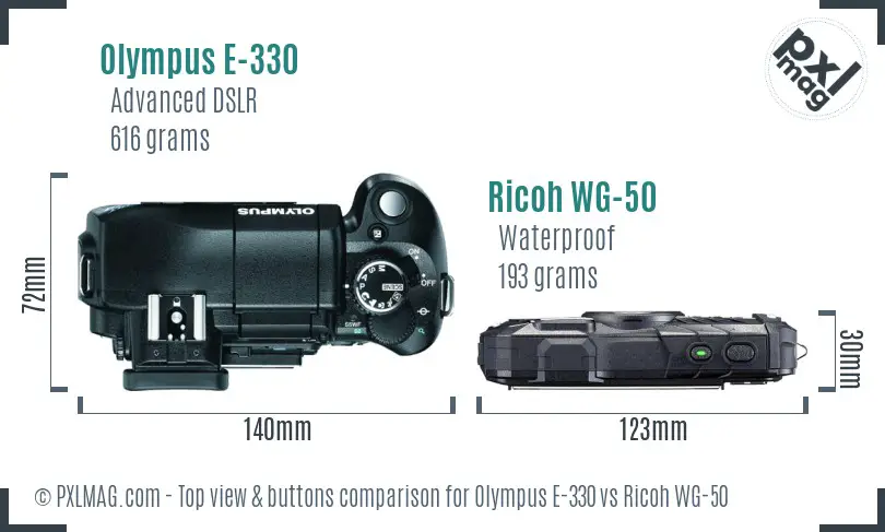 Olympus E-330 vs Ricoh WG-50 top view buttons comparison