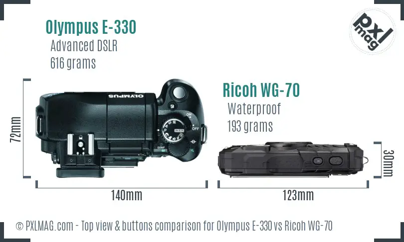 Olympus E-330 vs Ricoh WG-70 top view buttons comparison