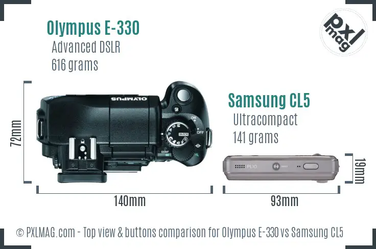 Olympus E-330 vs Samsung CL5 top view buttons comparison