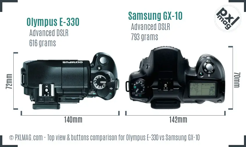 Olympus E-330 vs Samsung GX-10 top view buttons comparison