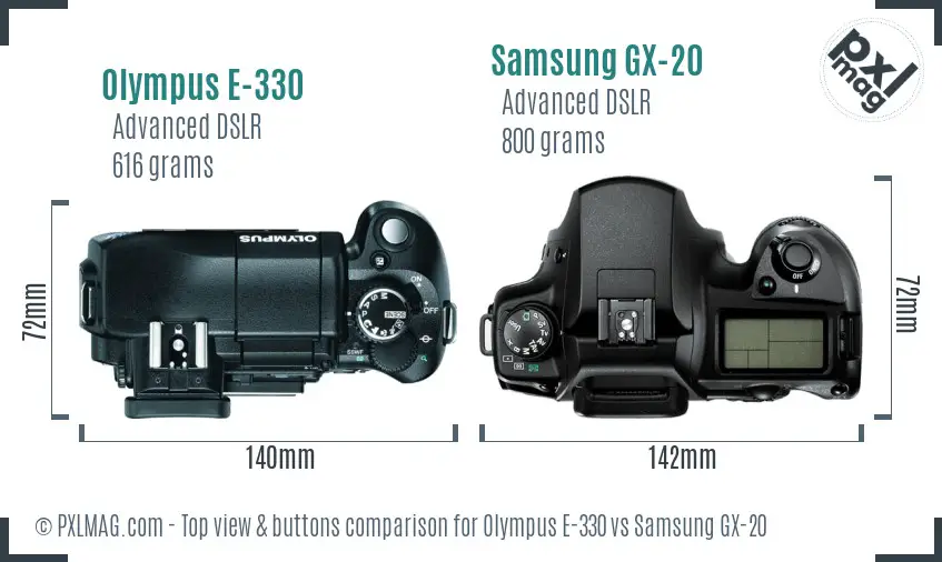 Olympus E-330 vs Samsung GX-20 top view buttons comparison