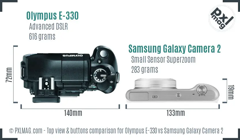 Olympus E-330 vs Samsung Galaxy Camera 2 top view buttons comparison