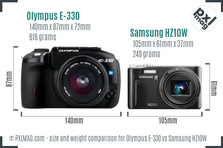 Olympus E-330 vs Samsung HZ10W size comparison