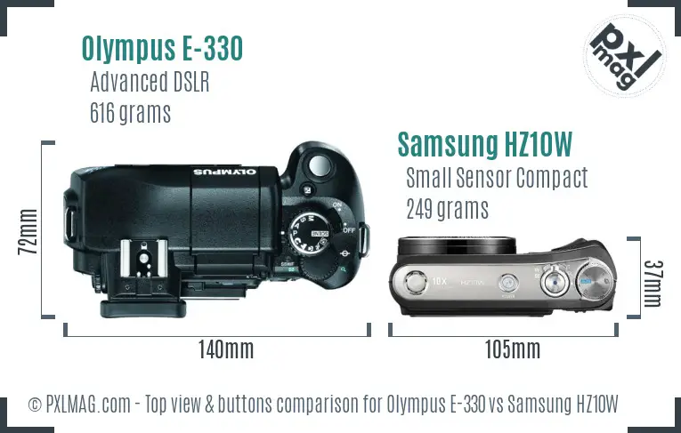 Olympus E-330 vs Samsung HZ10W top view buttons comparison