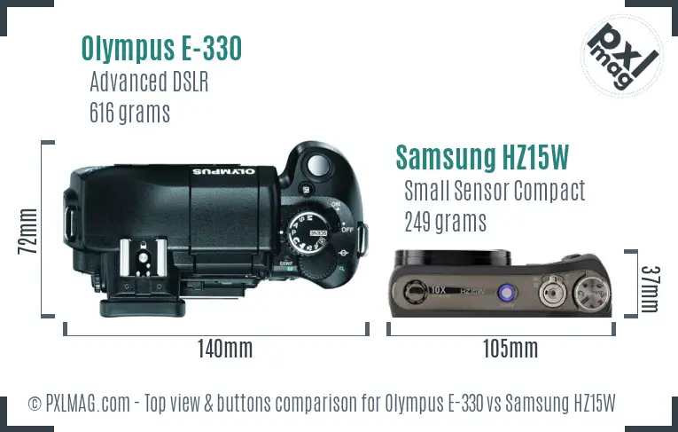 Olympus E-330 vs Samsung HZ15W top view buttons comparison
