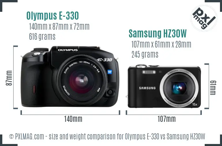 Olympus E-330 vs Samsung HZ30W size comparison