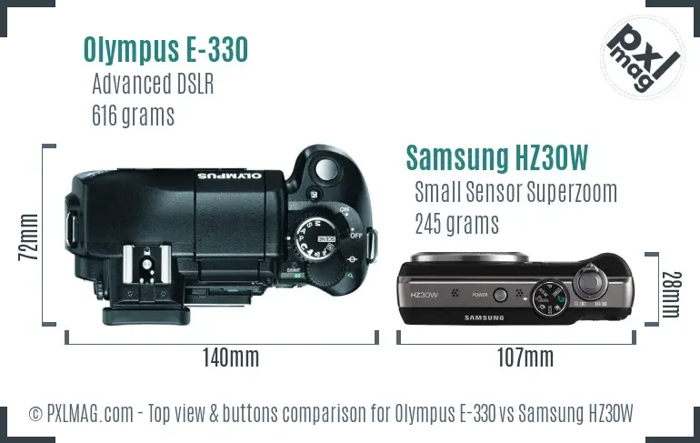 Olympus E-330 vs Samsung HZ30W top view buttons comparison