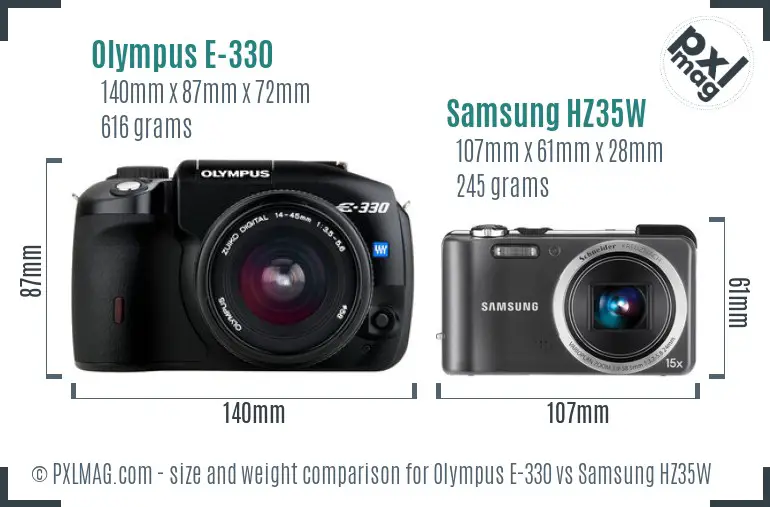 Olympus E-330 vs Samsung HZ35W size comparison