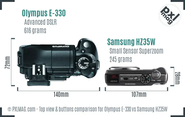 Olympus E-330 vs Samsung HZ35W top view buttons comparison