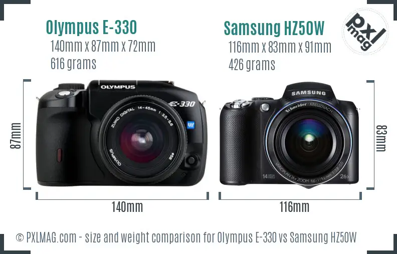 Olympus E-330 vs Samsung HZ50W size comparison