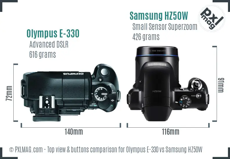 Olympus E-330 vs Samsung HZ50W top view buttons comparison