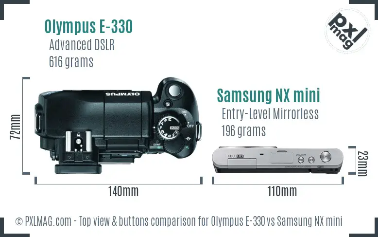 Olympus E-330 vs Samsung NX mini top view buttons comparison