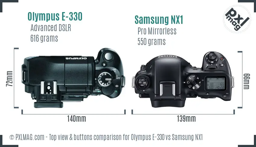 Olympus E-330 vs Samsung NX1 top view buttons comparison