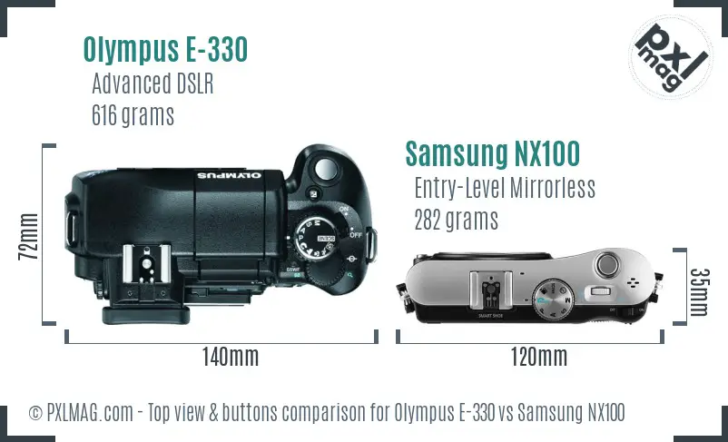 Olympus E-330 vs Samsung NX100 top view buttons comparison