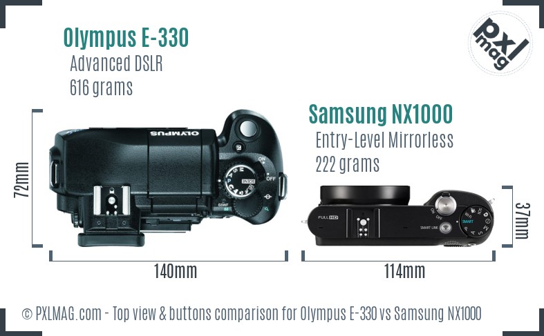 Olympus E-330 vs Samsung NX1000 top view buttons comparison