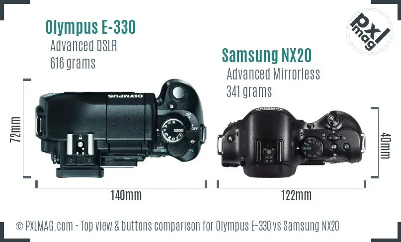Olympus E-330 vs Samsung NX20 top view buttons comparison