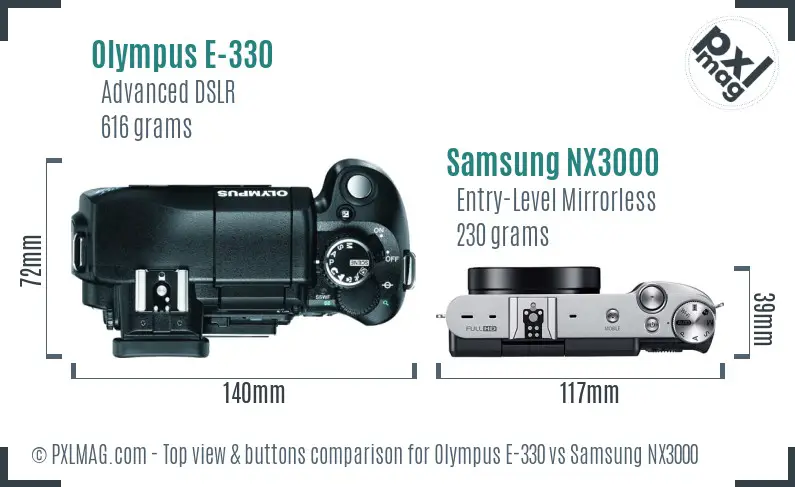 Olympus E-330 vs Samsung NX3000 top view buttons comparison Olympus E-330 vs Samsung NX3000 top view buttons comparison