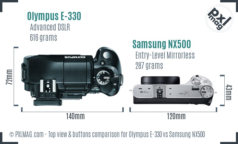 Olympus E-330 vs Samsung NX500 top view buttons comparison